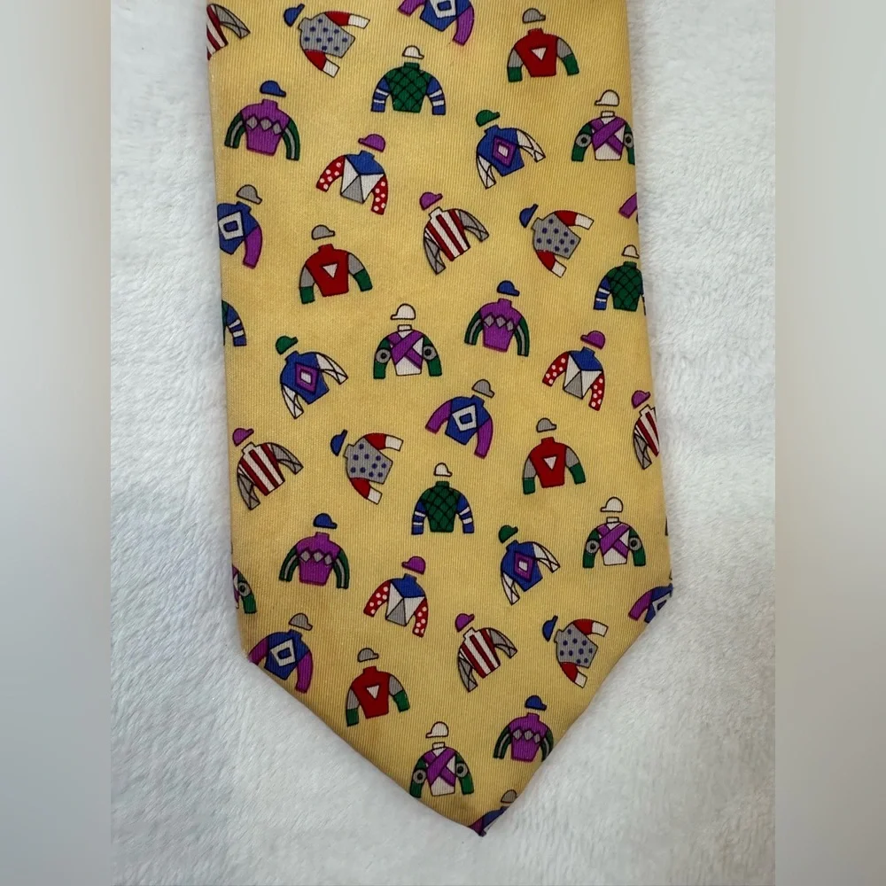 VINTAGE Alynn Neckwear Tie Necktie Yellow Racing Colors Jockey 1994 90s USA Mens